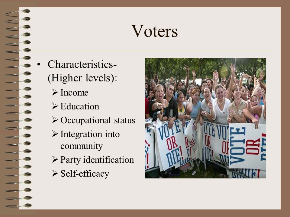 Voters Characteristics- (Higher levels):  Income  Education  Occupational status  Integration into community  Party identification  Self-efficacy