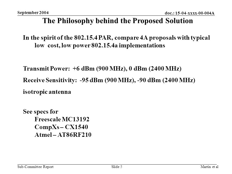 doc.: xxxx A Sub-Committee Report September 2004 Martin et alSlide 5 The Philosophy behind the Proposed Solution In the spirit of the PAR, compare 4A proposals with typical low cost, low power a implementations Transmit Power: +6 dBm (900 MHz), 0 dBm (2400 MHz) Receive Sensitivity: -95 dBm (900 MHz), -90 dBm (2400 MHz) isotropic antenna See specs for Freescale MC13192 CompXs – CX1540 Atmel – AT86RF210
