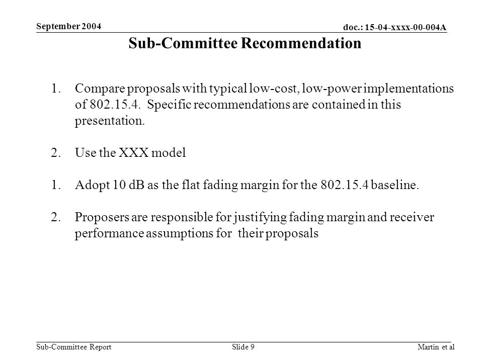 doc.: xxxx A Sub-Committee Report September 2004 Martin et alSlide 9 Sub-Committee Recommendation 1.Compare proposals with typical low-cost, low-power implementations of
