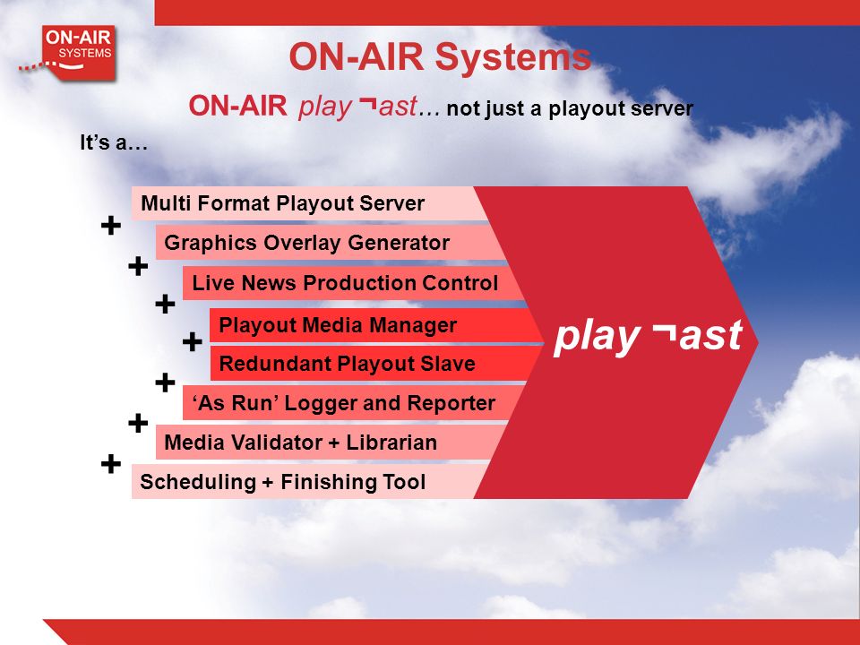 ON-AIR play ¬ ast Features ON-AIR Systems. ON-AIR play ¬ ast … not just a  playout server It's a… Multi Format Playout Server Live News Production  Control. - ppt download