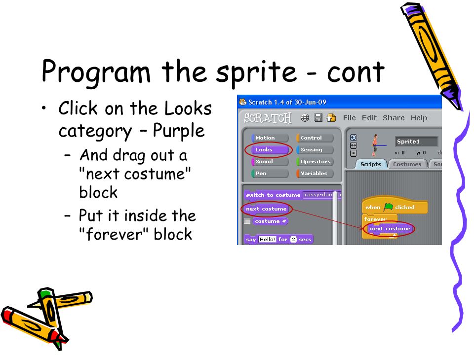 Program the sprite - cont Click on the Looks category – Purple –And drag out a next costume block –Put it inside the forever block