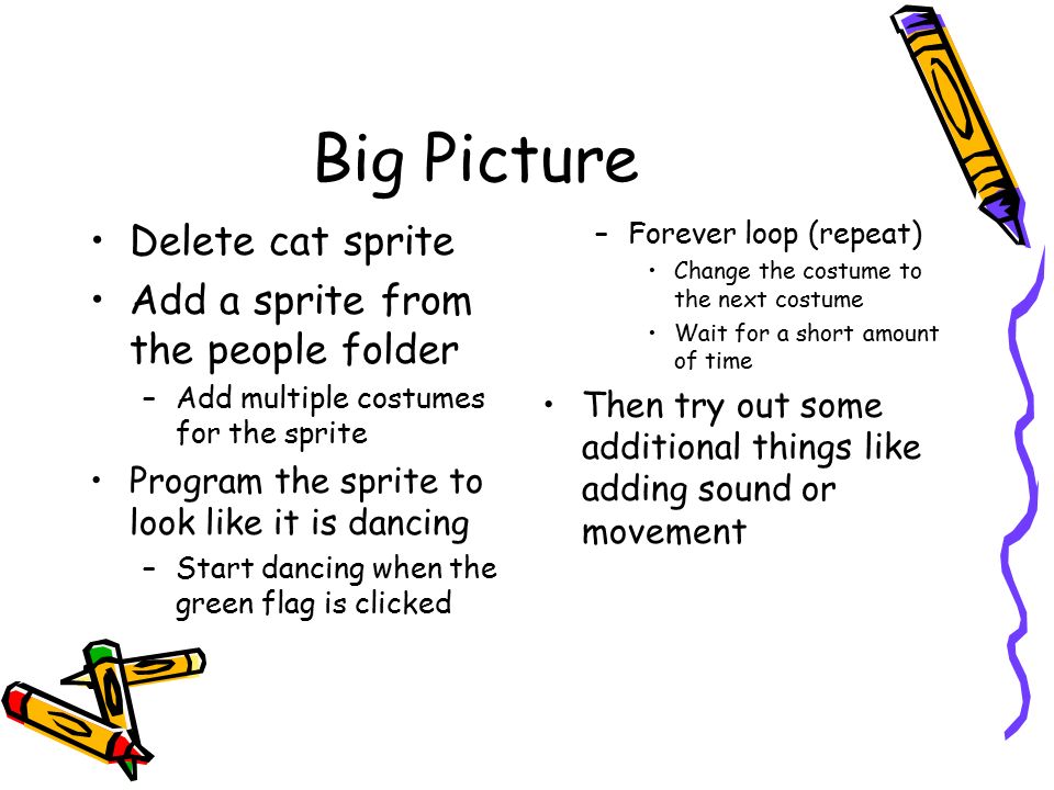 Big Picture Delete cat sprite Add a sprite from the people folder –Add multiple costumes for the sprite Program the sprite to look like it is dancing –Start dancing when the green flag is clicked –Forever loop (repeat) Change the costume to the next costume Wait for a short amount of time Then try out some additional things like adding sound or movement