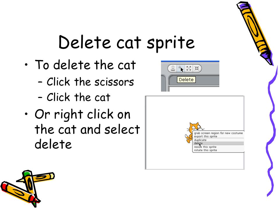 Delete cat sprite To delete the cat –Click the scissors –Click the cat Or right click on the cat and select delete