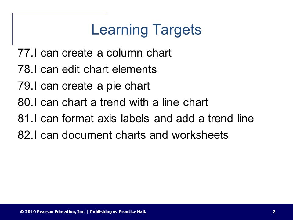 Learning Targets 77.I can create a column chart 78.I can edit chart elements 79.I can create a pie chart 80.I can chart a trend with a line chart 81.I can format axis labels and add a trend line 82.I can document charts and worksheets © 2010 Pearson Education, Inc.