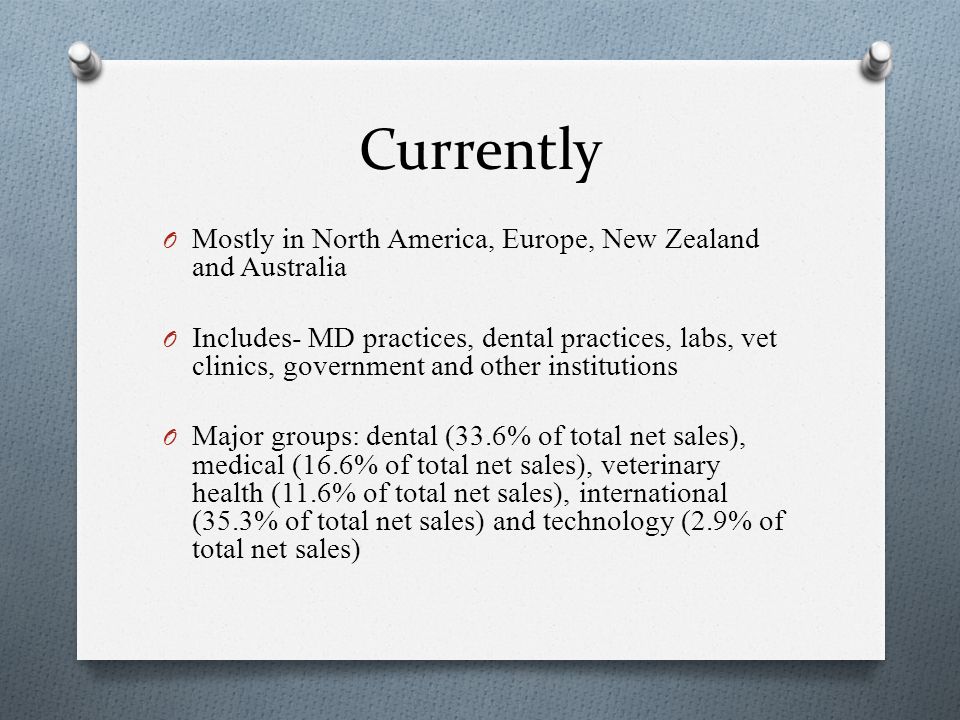 Currently O Mostly in North America, Europe, New Zealand and Australia O Includes- MD practices, dental practices, labs, vet clinics, government and other institutions O Major groups: dental (33.6% of total net sales), medical (16.6% of total net sales), veterinary health (11.6% of total net sales), international (35.3% of total net sales) and technology (2.9% of total net sales)