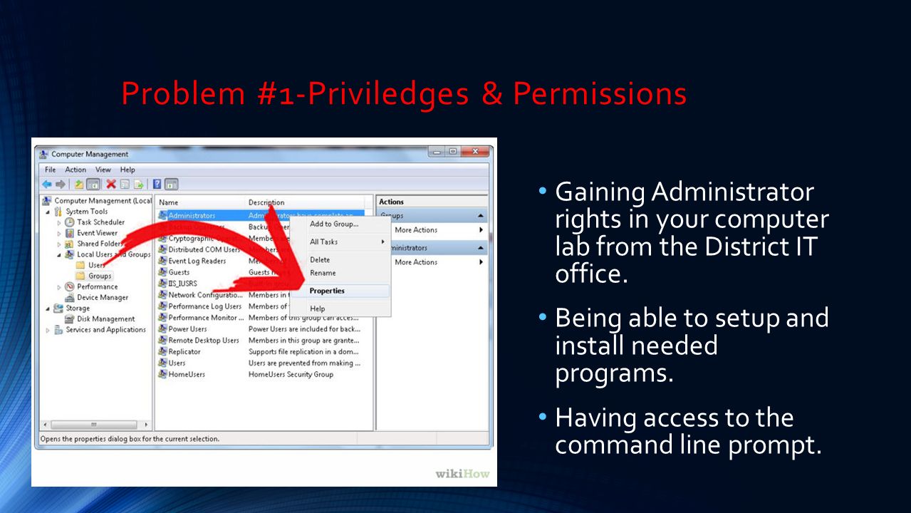 Problem #1-Priviledges & Permissions Gaining Administrator rights in your computer lab from the District IT office.