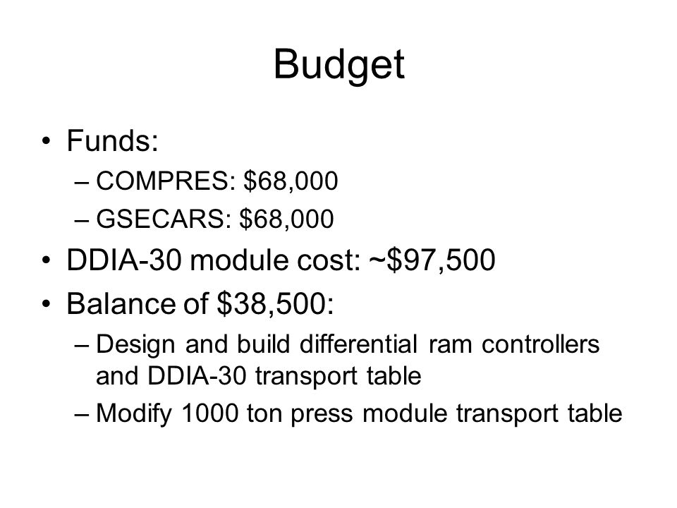 Budget Funds: –COMPRES: $68,000 –GSECARS: $68,000 DDIA-30 module cost: ~$97,500 Balance of $38,500: –Design and build differential ram controllers and DDIA-30 transport table –Modify 1000 ton press module transport table