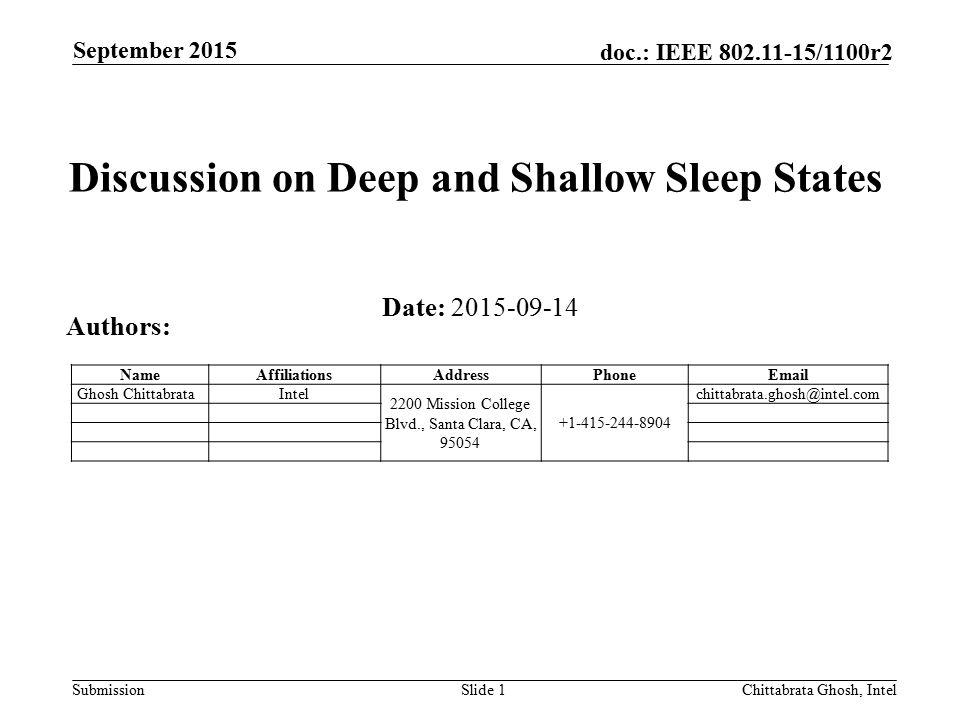 Submission doc.: IEEE /1100r2 September 2015 Slide 1 Chittabrata Ghosh, Intel Discussion on Deep and Shallow Sleep States Date: Authors: NameAffiliationsAddressPhone Ghosh ChittabrataIntel 2200 Mission College Blvd., Santa Clara, CA,