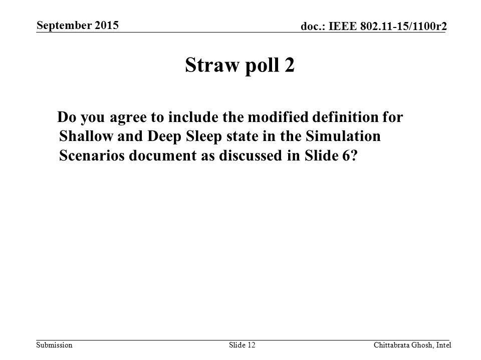 Submission doc.: IEEE /1100r2 Straw poll 2 Do you agree to include the modified definition for Shallow and Deep Sleep state in the Simulation Scenarios document as discussed in Slide 6.