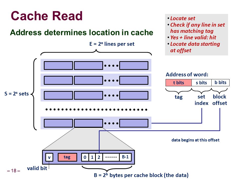 – 18 – Locate set Check if any line in set has matching tag Yes + line valid: hit Locate data starting at offset Cache Read Address determines location in cache E = 2 e lines per set S = 2 s sets 012 B-1tag v valid bit B = 2 b bytes per cache block (the data) t bitss bits b bits Address of word: tag set index block offset data begins at this offset