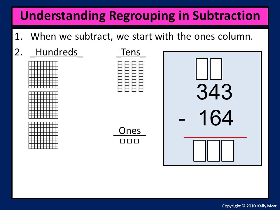 1.When we subtract, we start with the ones column.