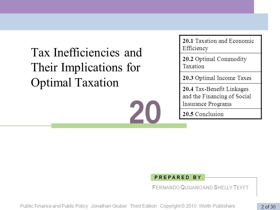 Public Finance and Public Policy Jonathan Gruber Third Edition Copyright © 2010 Worth Publishers 2 of 30 Tax Inefficiencies and Their Implications for Optimal Taxation F ERNANDO Q UIJANO AND S HELLY T EFFT P R E P A R E D B Y 20.1 Taxation and Economic Efficiency 20.2 Optimal Commodity Taxation 20.3 Optimal Income Taxes 20.4 Tax-Benefit Linkages and the Financing of Social Insurance Programs 20.5 Conclusion