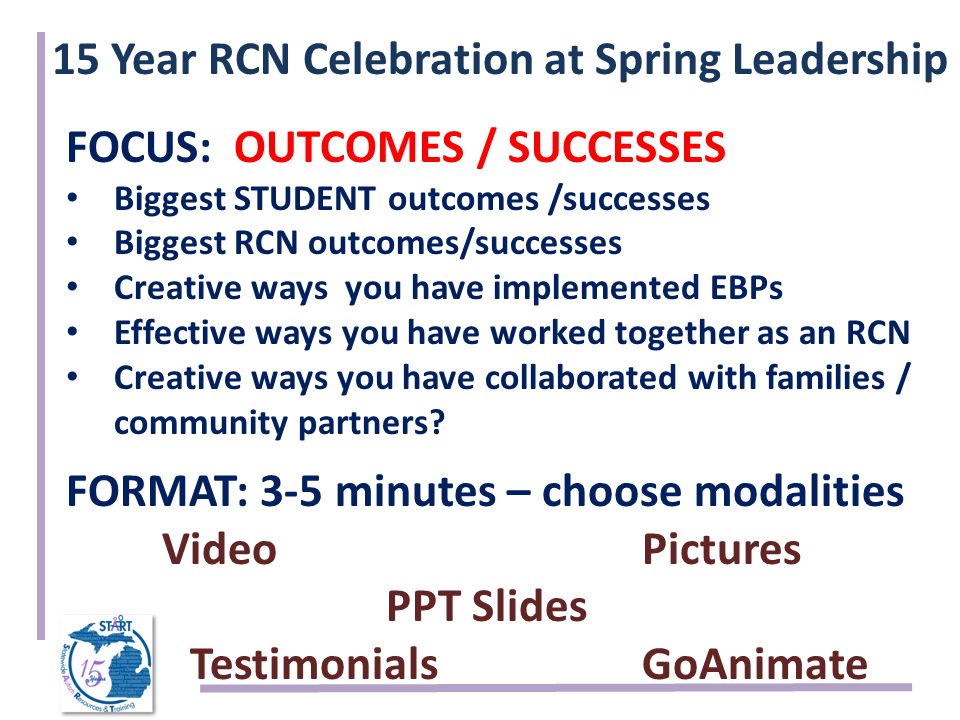 15 Year RCN Celebration at Spring Leadership FOCUS: OUTCOMES / SUCCESSES Biggest STUDENT outcomes /successes Biggest RCN outcomes/successes Creative ways you have implemented EBPs Effective ways you have worked together as an RCN Creative ways you have collaborated with families / community partners.