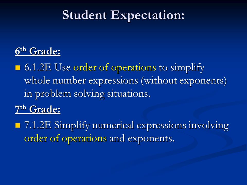 Student Expectation: 6 th Grade: 6.1.2E Use order of operations to simplify whole number expressions (without exponents) in problem solving situations.