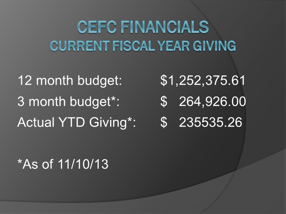 12 month budget:$1,252, month budget*:$ 264, Actual YTD Giving*:$ *As of 11/10/13