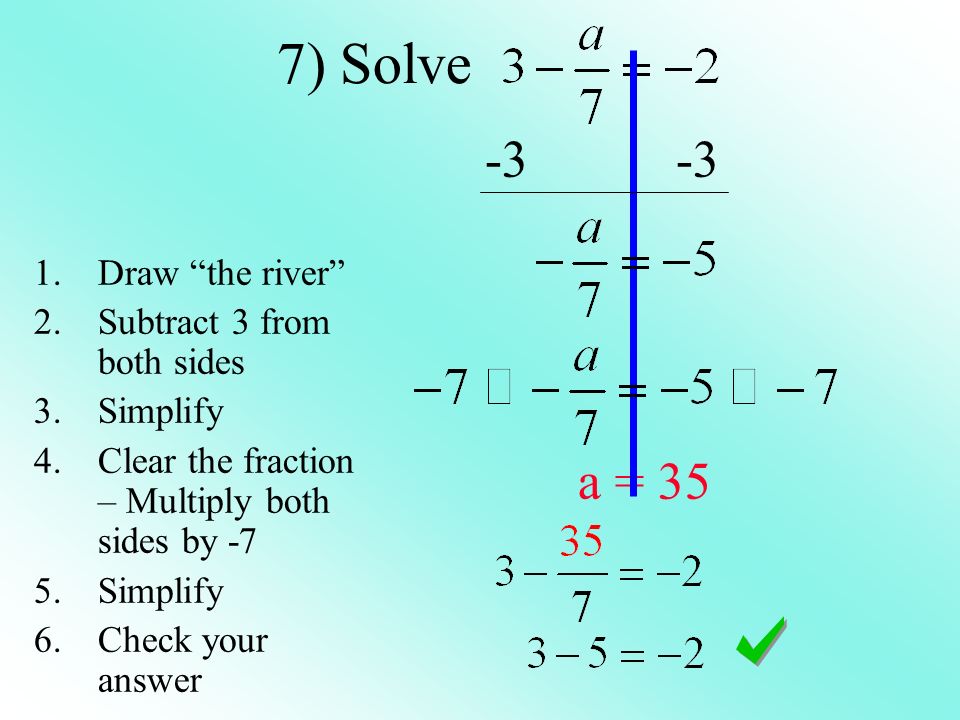 7) Solve a = 35 1.Draw the river 2.Subtract 3 from both sides 3.Simplify 4.Clear the fraction – Multiply both sides by -7 5.Simplify 6.Check your answer
