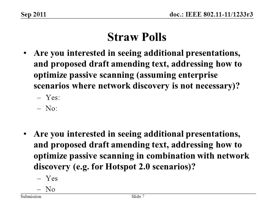 doc.: IEEE /1233r3 Submission Straw Polls Are you interested in seeing additional presentations, and proposed draft amending text, addressing how to optimize passive scanning (assuming enterprise scenarios where network discovery is not necessary).