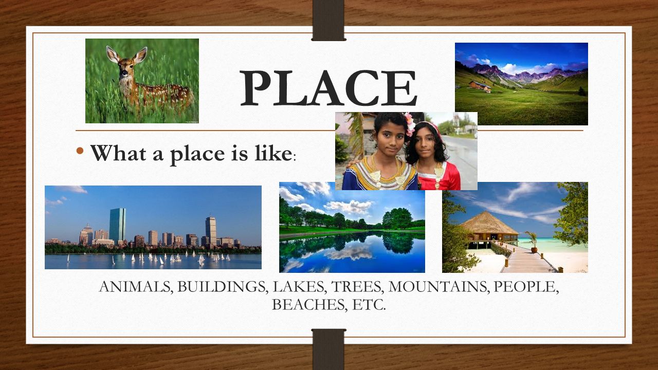 PLACE What a place is like : ANIMALS, BUILDINGS, LAKES, TREES, MOUNTAINS, PEOPLE, BEACHES, ETC.