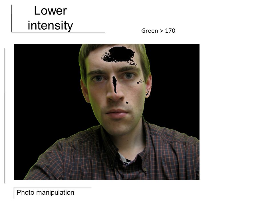 Photo manipulation Lower intensity Green > 170