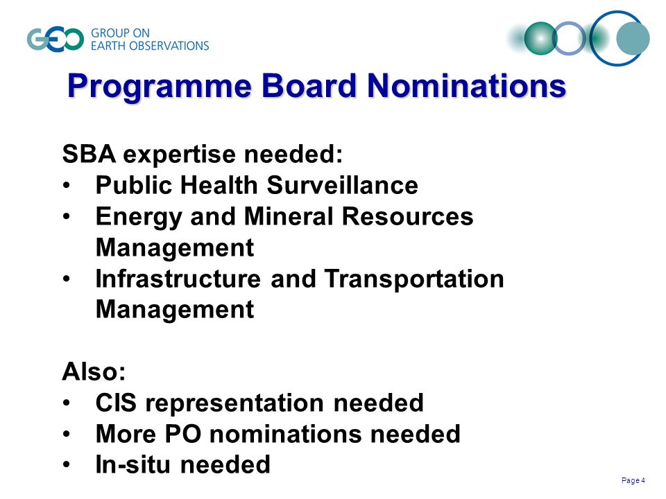Page 4 Programme Board Nominations SBA expertise needed: Public Health Surveillance Energy and Mineral Resources Management Infrastructure and Transportation Management Also: CIS representation needed More PO nominations needed In-situ needed
