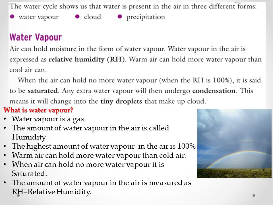 Water in the atmosphere Chapter 12 What is water vapour? Water vapour is a  gas. The amount of water vapour in the air is called Humidity. The highest.  - ppt download