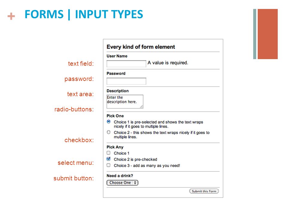 FORMS HTML forms are used to pass data to a server. begins and ends a form  Forms are made up of input elements Every input element has a name and  value. -