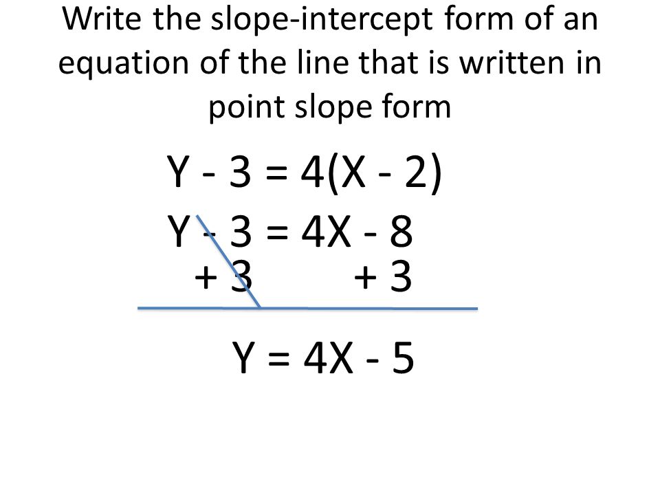 Write the slope-intercept form of an equation of the line that is written in point slope form Y - 3 = 4(X - 2) Y - 3 = 4X Y = 4X - 5
