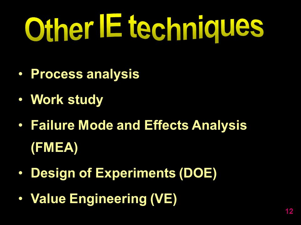 12 Process analysis Work study Failure Mode and Effects Analysis (FMEA) Design of Experiments (DOE) Value Engineering (VE)