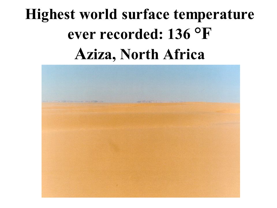 Highest world surface temperature ever recorded: 136 °F A ziza, North Africa