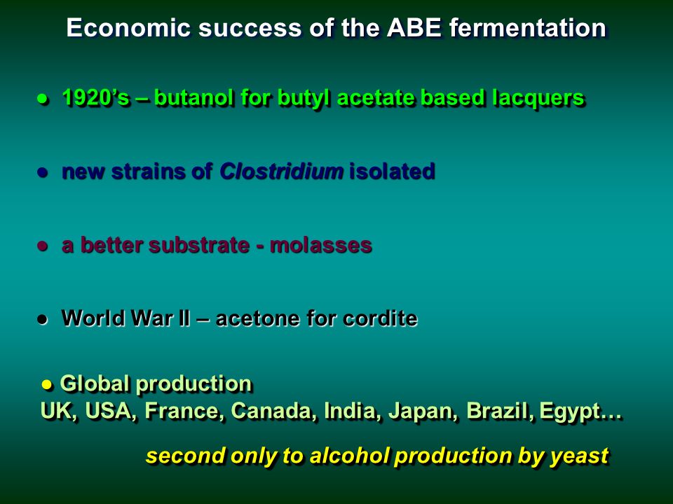 ● 1920’s – butanol for butyl acetate based lacquers ● World War II – acetone for cordite ● new strains of Clostridium isolated ● a better substrate - molasses ● Global production UK, USA, France, Canada, India, Japan, Brazil, Egypt… second only to alcohol production by yeast second only to alcohol production by yeast ● Global production UK, USA, France, Canada, India, Japan, Brazil, Egypt… second only to alcohol production by yeast of the ABE fermentation Economic success of the ABE fermentation