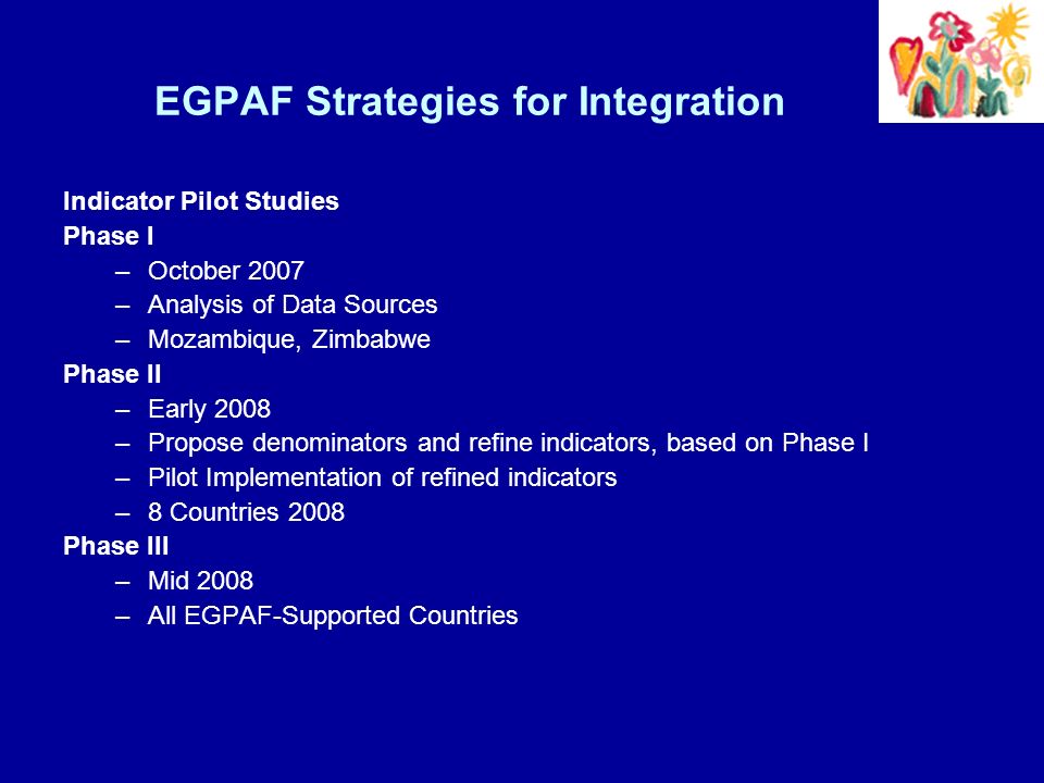 EGPAF Strategies for Integration Indicator Pilot Studies Phase I –October 2007 –Analysis of Data Sources –Mozambique, Zimbabwe Phase II –Early 2008 –Propose denominators and refine indicators, based on Phase I –Pilot Implementation of refined indicators –8 Countries 2008 Phase III –Mid 2008 –All EGPAF-Supported Countries