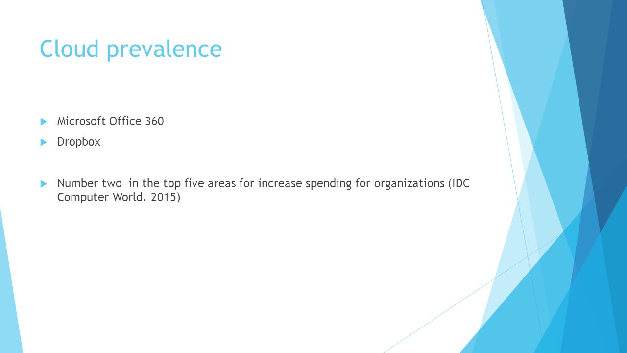 Cloud prevalence  Microsoft Office 360  Dropbox  Number two in the top five areas for increase spending for organizations (IDC Computer World, 2015)