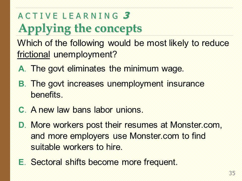 A C T I V E L E A R N I N G 3 Applying the concepts 35 Which of the following would be most likely to reduce frictional unemployment.