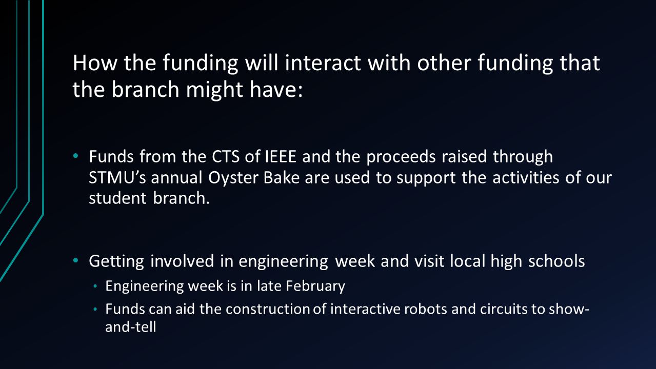 How the funding will interact with other funding that the branch might have: Funds from the CTS of IEEE and the proceeds raised through STMU’s annual Oyster Bake are used to support the activities of our student branch.