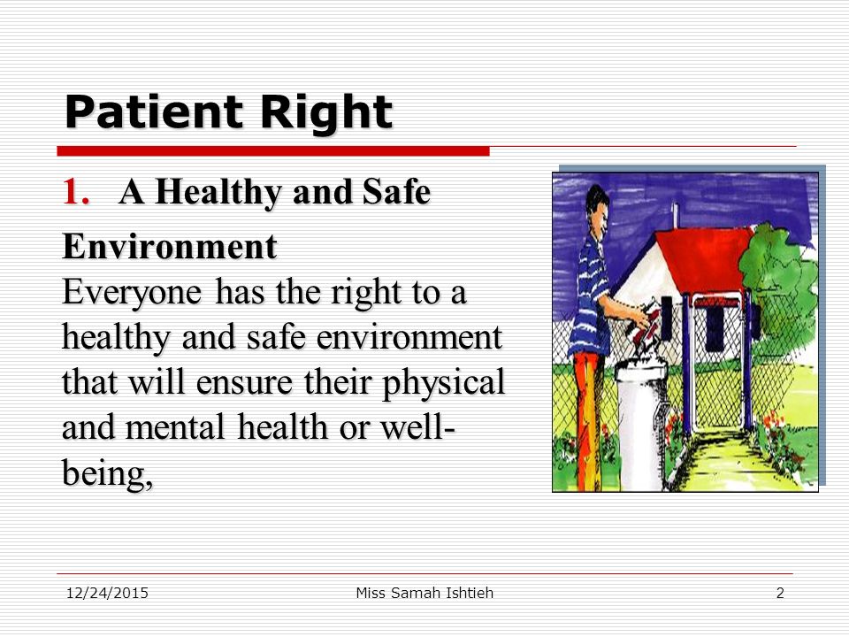 12/24/2015Miss Samah Ishtieh2 Patient Right 1.A Healthy and Safe Environment Everyone has the right to a healthy and safe environment that will ensure their physical and mental health or well- being,