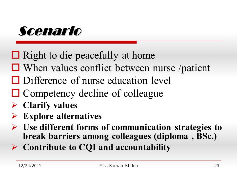 12/24/2015Miss Samah Ishtieh29 Scenario  Right to die peacefully at home  When values conflict between nurse /patient  Difference of nurse education level  Competency decline of colleague  Clarify values  Explore alternatives  Use different forms of communication strategies to break barriers among colleagues (diploma, BSc.)  Contribute to CQI and accountability