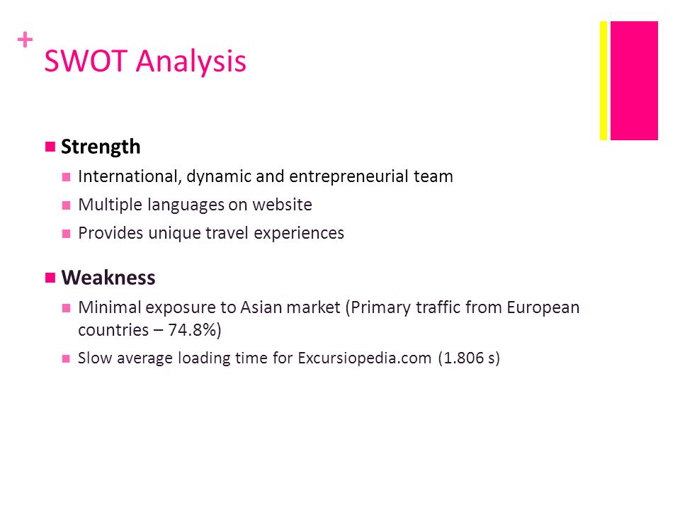 + SWOT Analysis Strength International, dynamic and entrepreneurial team Multiple languages on website Provides unique travel experiences Weakness Minimal exposure to Asian market (Primary traffic from European countries – 74.8%) Slow average loading time for Excursiopedia.com (1.806 s)