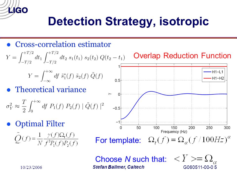 10/23/2006 Stefan Ballmer, Caltech G Detection Strategy, isotropic For template: Choose N such that: Overlap Reduction Function l Cross-correlation estimator l Theoretical variance l Optimal Filter