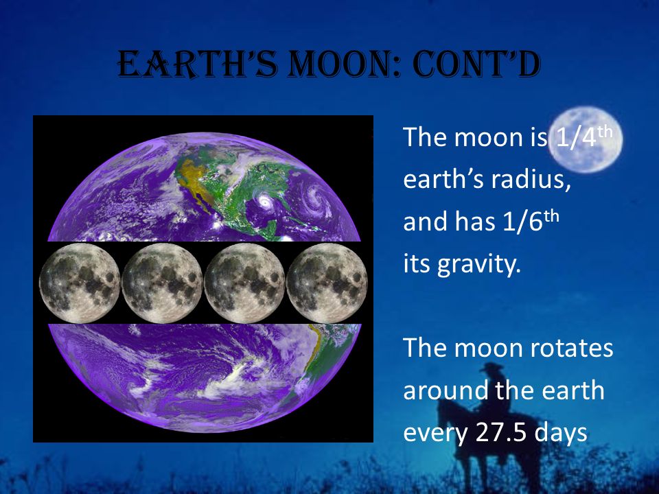 Earth’s Moon: Cont’d The moon is 1/4 th earth’s radius, and has 1/6 th its gravity.