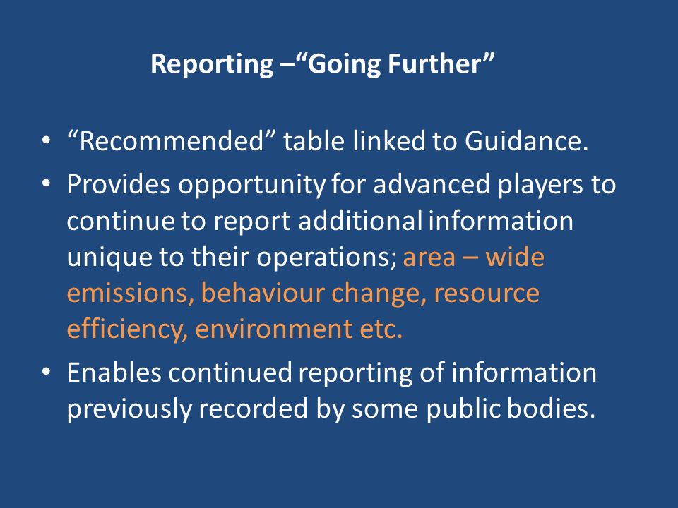 Reporting – Going Further Recommended table linked to Guidance.