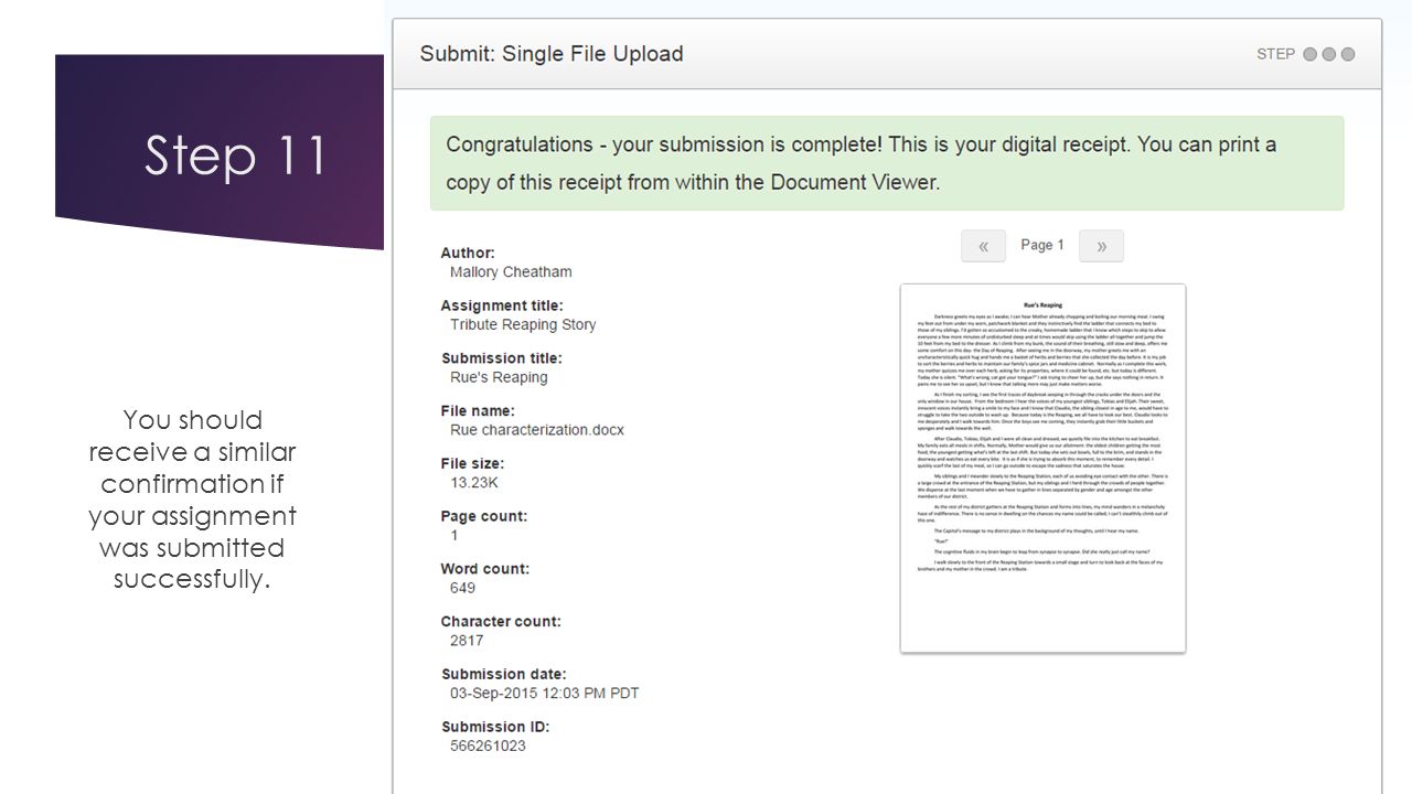 Step 11 You should receive a similar confirmation if your assignment was submitted successfully.