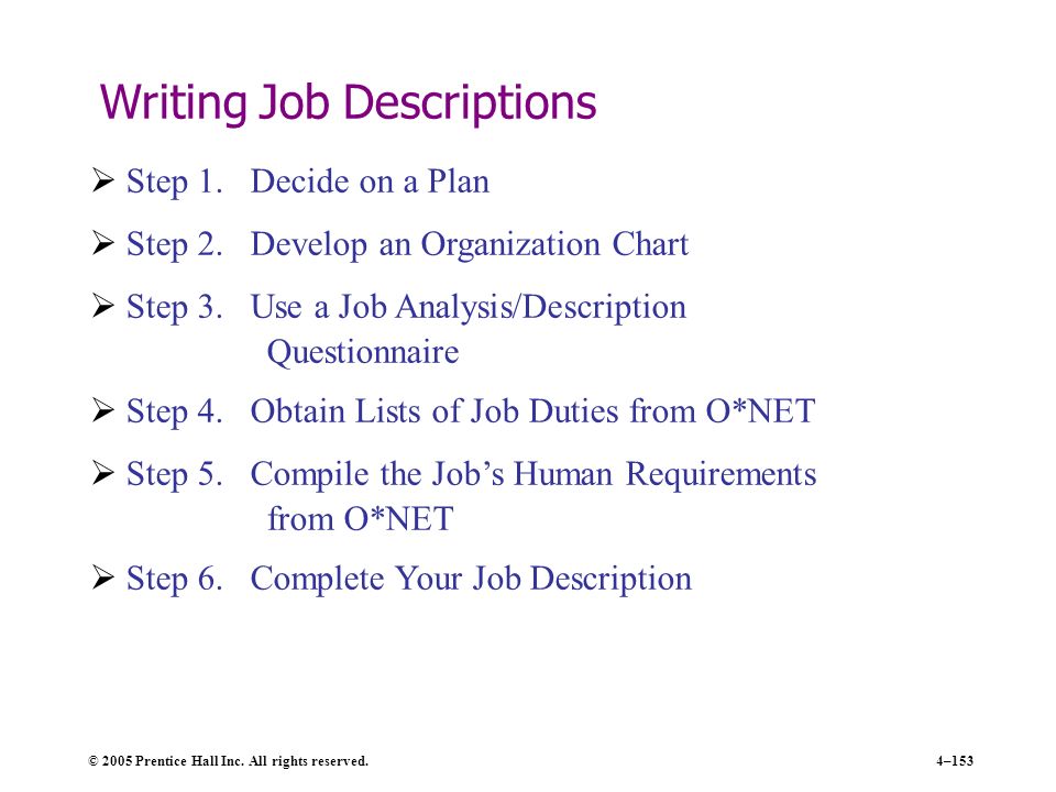 4–153 Writing Job Descriptions  Step 1. Decide on a Plan  Step 2.