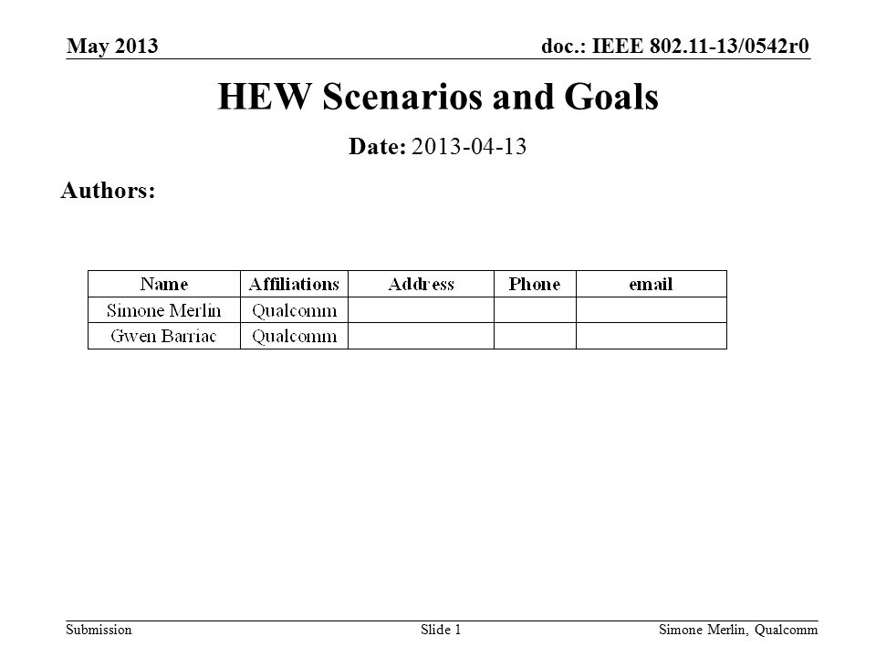 doc.: IEEE /0542r0 SubmissionSimone Merlin, QualcommSlide 1 HEW Scenarios and Goals Date: Authors: May 2013