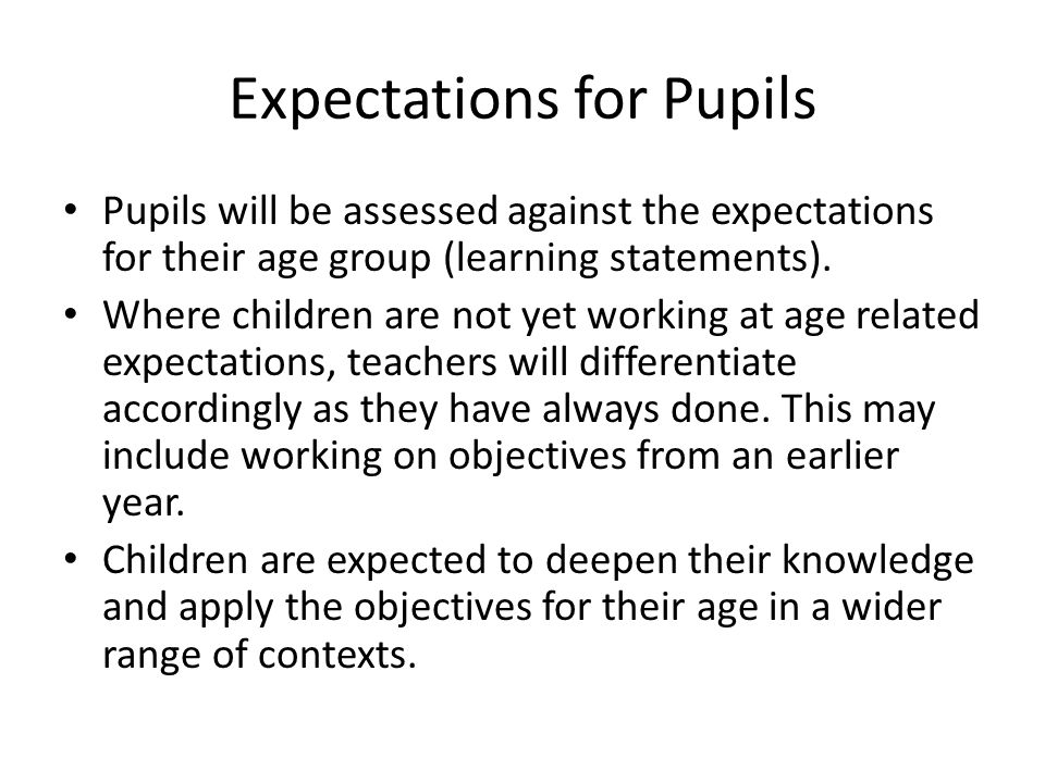 Expectations for Pupils Pupils will be assessed against the expectations for their age group (learning statements).