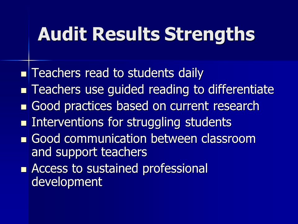 Audit Results Strengths Teachers read to students daily Teachers read to students daily Teachers use guided reading to differentiate Teachers use guided reading to differentiate Good practices based on current research Good practices based on current research Interventions for struggling students Interventions for struggling students Good communication between classroom and support teachers Good communication between classroom and support teachers Access to sustained professional development Access to sustained professional development