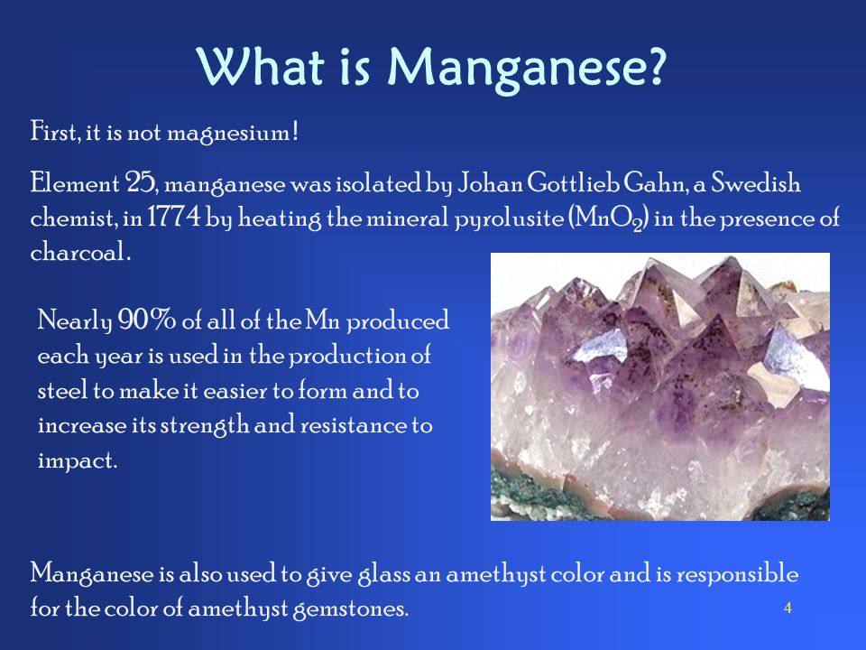 1. What is manganese (Mn) and what is it used for? What mineral forms does it occur in? How has the amount of Mn changed through time? How has the chemistry. -