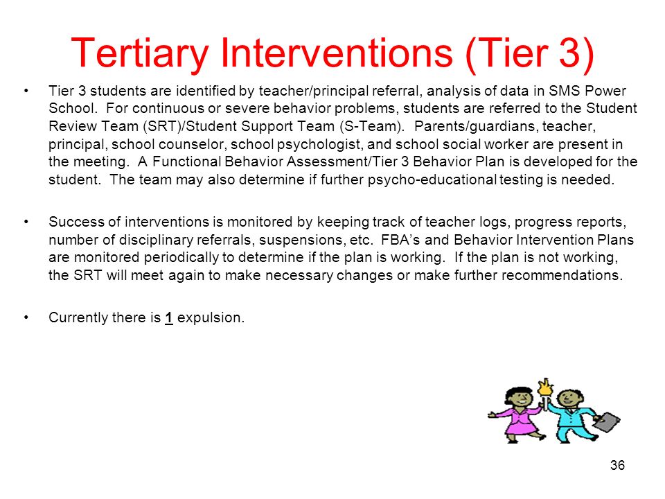 36 Tertiary Interventions (Tier 3) Tier 3 students are identified by teacher/principal referral, analysis of data in SMS Power School.