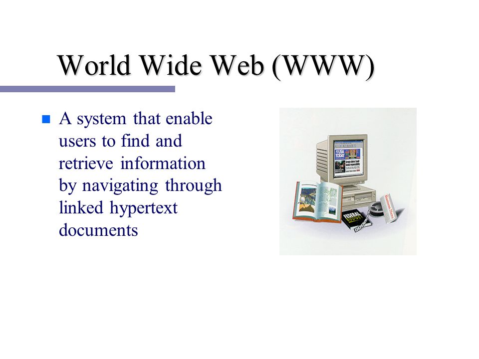 Newsgroup World Wide Web (WWW) Conservation Over the Internet e.g.ICQ File Transfer Protocol (FTP) Includes 6 main services: Electronic Mail Remote logon