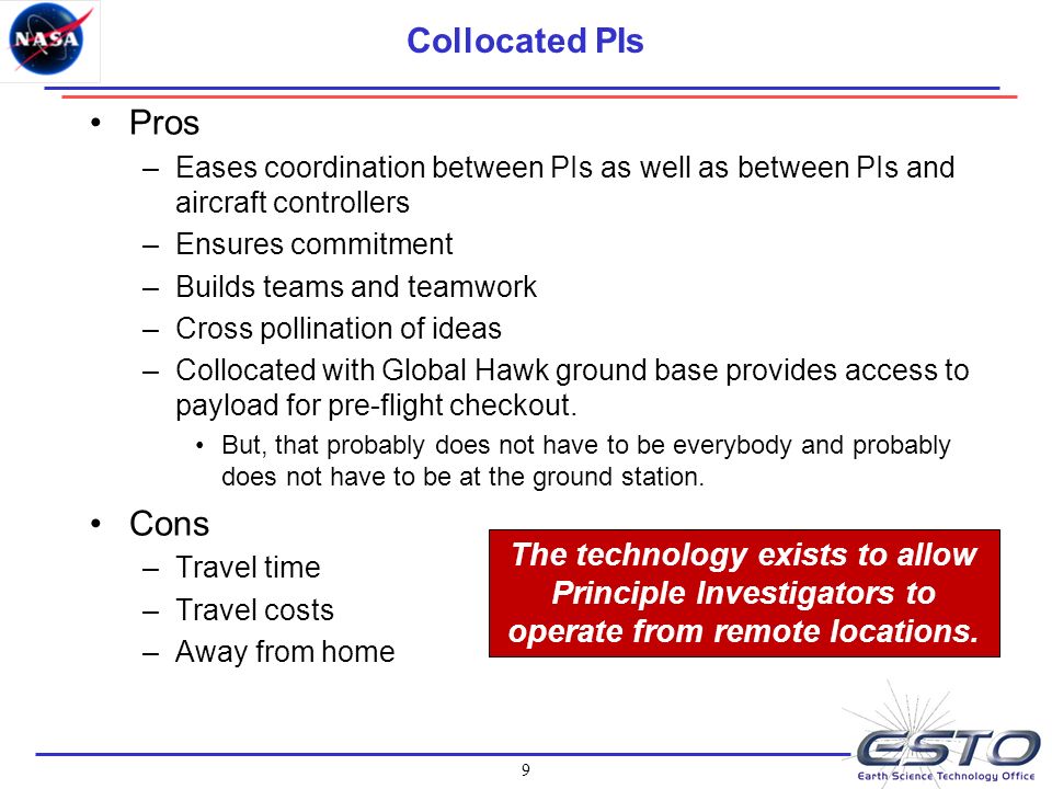 9 Collocated PIs Pros –Eases coordination between PIs as well as between PIs and aircraft controllers –Ensures commitment –Builds teams and teamwork –Cross pollination of ideas –Collocated with Global Hawk ground base provides access to payload for pre-flight checkout.