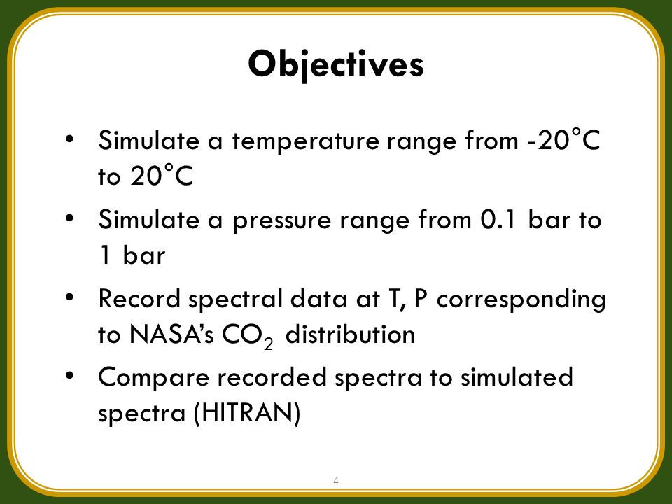 Objectives Simulate a temperature range from -20°C to 20°C Simulate a pressure range from 0.1 bar to 1 bar Record spectral data at T, P corresponding to NASA’s CO 2 distribution Compare recorded spectra to simulated spectra (HITRAN) 4